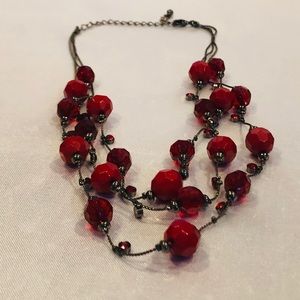 Red Beaded and Crystal Three Layer Necklace